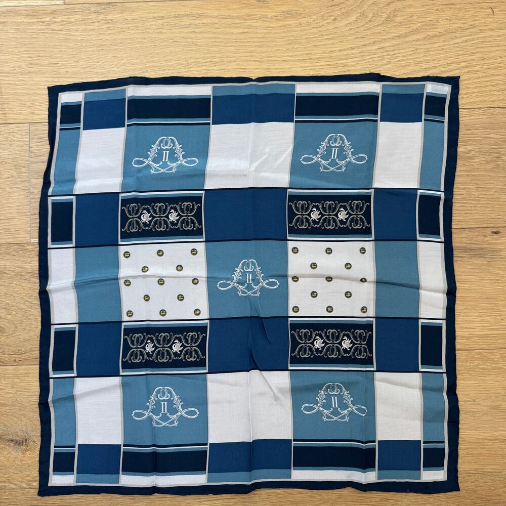 European Equestrian Silk Scarf - Blue Checkered Cultural Heritage Crest Motif